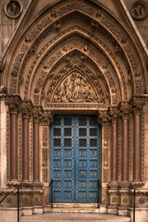 Entrance, portal of the parish church of St Michael Cornhill, closed, City of London, London,