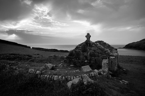 Ruins of the former church of St Helen's Oratory, Cape Cape Cornwall, black and white, St Just in
