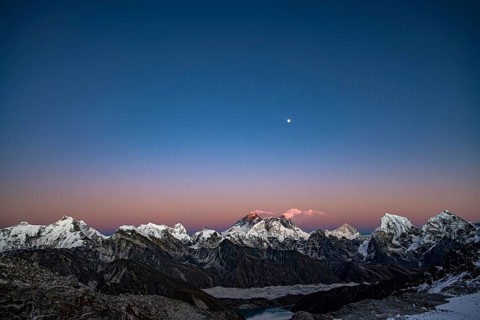 View from Renjo La Pass, 5360 m, of the Himalayas with Mount Everest, Lhotse and Makalu in the