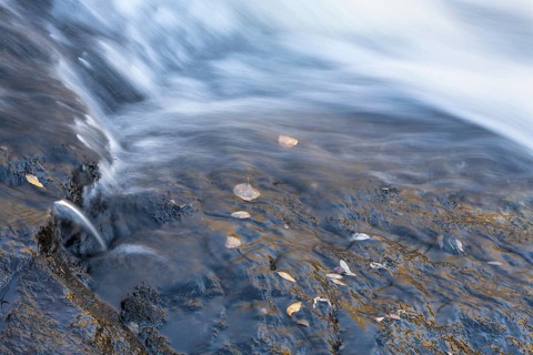 Reflections on a rock at a rushing stream, Dundret Nature Reserve, Gällivare, Norrbotten, Lapland,