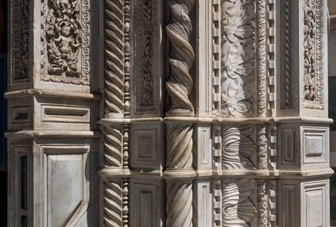 Detailed marbled columns and ornaments, decorative floral reliefs and textures, marble, façade,