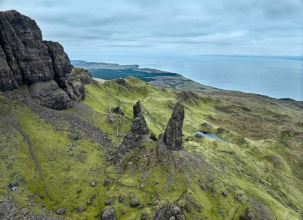 Aerial photo of the wild and rocky landscape at the Old man of Storr on the Isle of Skye, Scotland,
