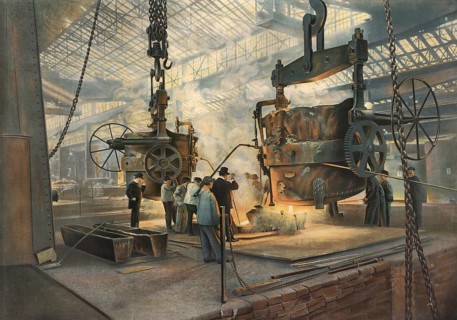 Cast steel processing in a heavy Krupp industrial building. Workers operate massive casting pans