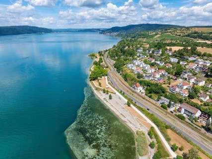Aerial view of Lake Constance with the Landesgartenschaugelände and lakeside park, Goldbach,
