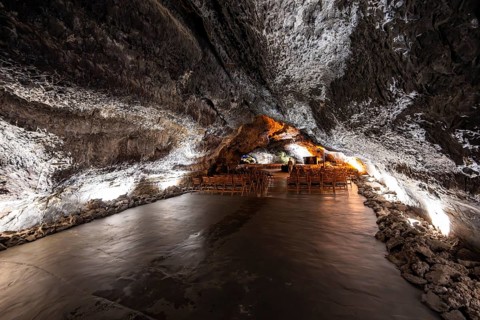 Underground cave formed by lava flow, illuminated lava cave, Cueva de los Verdes, Lanzarote, Canary