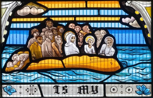 Detail modern stained glass depicting refugee crisis people in small boat, by Ealish Swift 2023, St