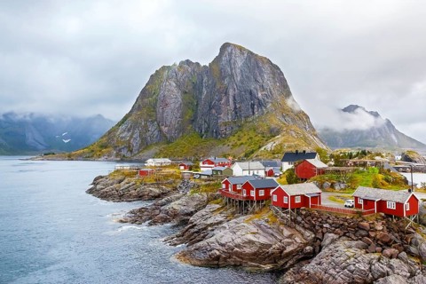 Lofoten, Flakstadoy island, historic fishing village Nusfjord, Norway, mountain range, fisherman's
