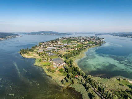 Aerial view of the island of Reichenau in western Lake Constance, Untersee, on the horizon the Höri