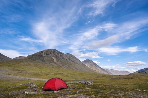 Tent in Ruohtesvagge Valley, Sarek National Park, Laponia World Heritage Site, Norrbotten, Lapland,