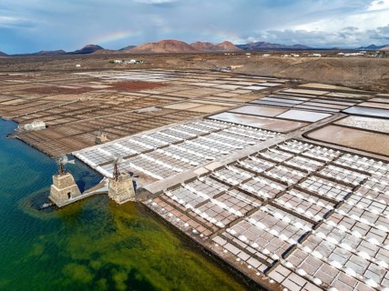 Salt mining plant, Salinas de Janubio with green Laguna de Janubio, near Yaiza, aerial view,