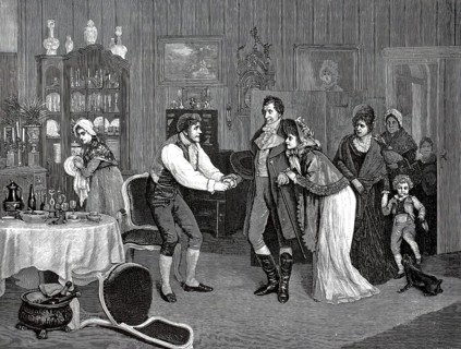 Unexpected visit. A man in period work clothes, vest, rolled-up sleeves, breeches, greets a newly
