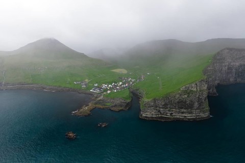 Aerial view of Gjogv, Faroe Islands