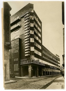 Essen, House of Technology, architecture, Edmund Körner, brick corner building with signs in a