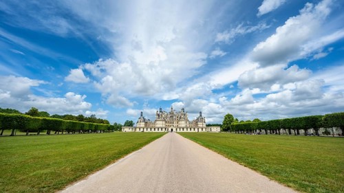 Southeast view, panorama of the monumental Renaissance Château de Chambord castle with its