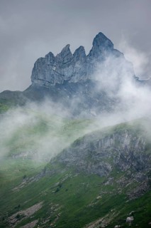Dramatic mountain landscape with clouds, rocky jagged mountain peaks Lobhörner, near