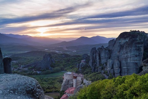 Meteora, pinnacles at sunset, Kalambaka, Thessaly, Greece