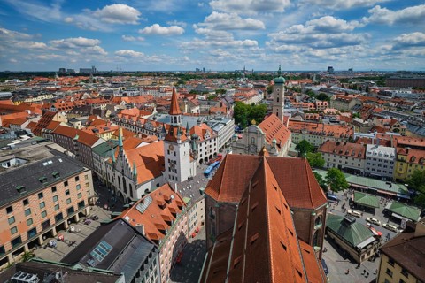 Aerial view of the Old Town Hall, Marienplatz, and historic red-roofed architecture in Munich,