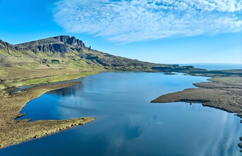 Aerial view of the rocky landscape at Loch Lethan and the Old man of Storr on the Isle of Skye,