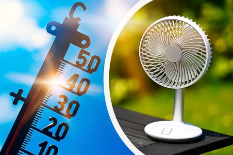 Thermometer in front of bright sun and fan, heat wave symbolic photo, photo montage +++ editorial