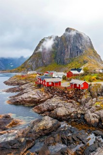 Lofoten, Flakstadoy island, historic fishing village Nusfjord, Norway, mountain range, fisherman's