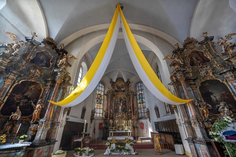 Interior of the parish church of the Assumption of Mary decorated at Easter, built 1778 - 1781,