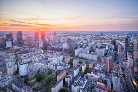 High viewpoint over the Warsaw skyline in Poland with skyscrapers, cityscape layers, city depth,