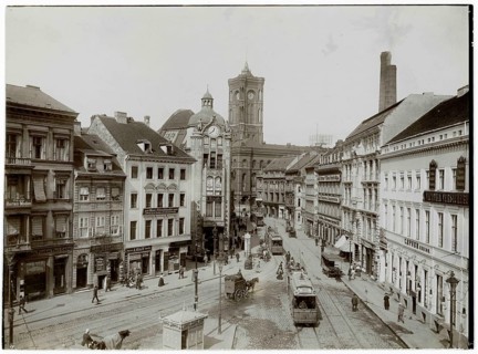 Molkenmarkt, Berlin, Historic street scene with trams and vehicles in an urban environment, Red