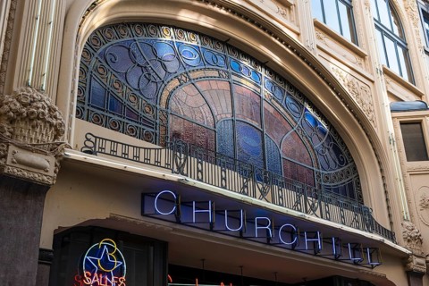 Art Nouveau façade of Cinema Churchill in the old town of Liège, Belgium