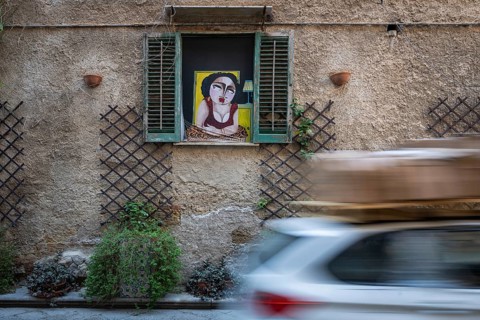 Modern painting of a young woman in a window, passing car, mopping effect, Palermo, Sicily, Italy
