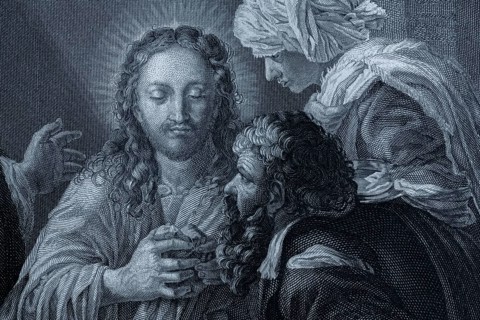 Detail from the painting Christ in Emaus by Bartolomeo Schidone, religious painting, sacred art,