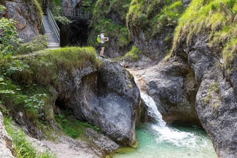 Hiking trail with waterfall, Almbachklamm near Ettenberg, Berchtesgadener Land, Bavaria, Germany