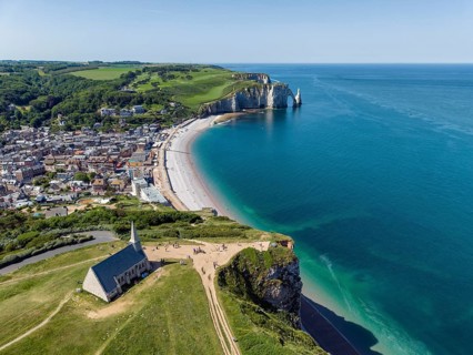 Aerial view of the Notre Dame de la Garde chapel at the Falaise d'Amont viewpoint, behind it the
