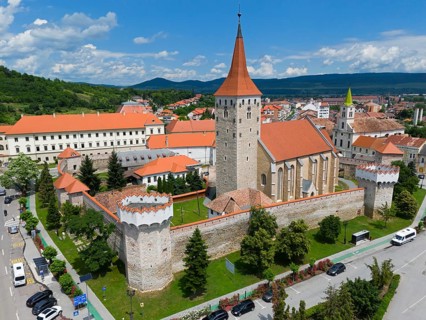 Aerial view of medieval castle with red tile roofs and towers surrounded by green landscape and