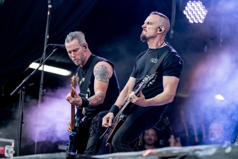 Bass player Brian Marshall (left) and guitarist Mark Tremonti (right) of the US rock band Alter