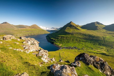 Panoramic view from Hvíthamar viewpoint on Funningsfjørður near Funningur on Eysturoy island, fjord