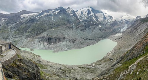 View from Franz-Josefs-Höhe of glacial lake in the middle of the Pasterze glacier, Heiligenblut,