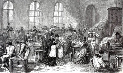 Ladies of the St Petersburg aristocracy preparing bandages and suture thread for the armies in the