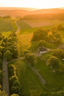 Single building surrounded by fields and trees in golden sunlight, Gechingen, Hecken and Gäu