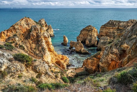 Scenic gorgeous and seaside view of the Algarve coastline showing cliffs at Ponte da Piedade