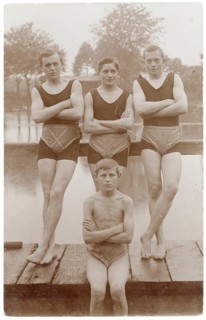 Bathing, swimwear, leisure, summer, swimming club, lake, outdoor pool, four boys in bathing suits