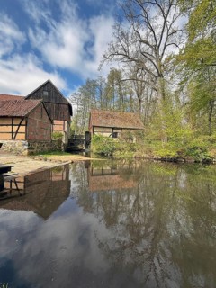 Two half-timbered houses are reflected in a pond surrounded by trees and blue sky with clouds, old