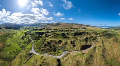 Aerial drone photo of the volcanic landscape of Glen Fairy, Isle of Skye, Scotland, UK