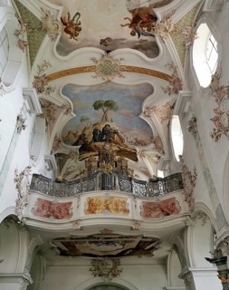 Ceiling fresco and organ of the monastery church in Mönchsdeggingen Abbey, former monastery of the