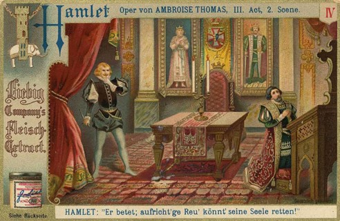 Hamlet picture series, card illustrating act 3, scene 2, in which King Claudius prays while Hamlet