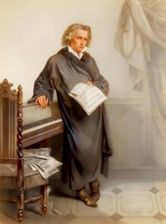 Beethoven standing at the piano while composing, Ludwig van Beethoven, 1770 -1827, German composer,