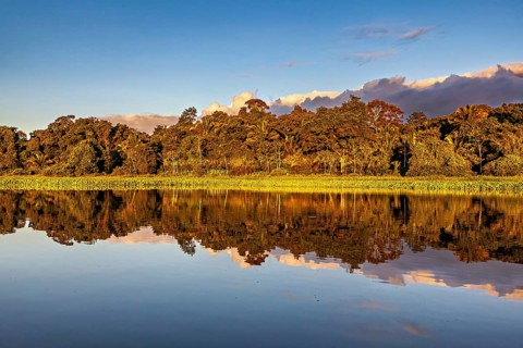 Peaceful river landscape with clear reflection and blue sky, sunset on the Beni River near