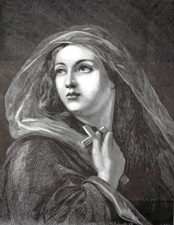 A young woman in a veil holding a cross to her chest and looking up. Allegorical depiction of the