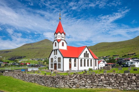 Sandavagur wooden church, Vágar island, Faroe Islands, Denmark