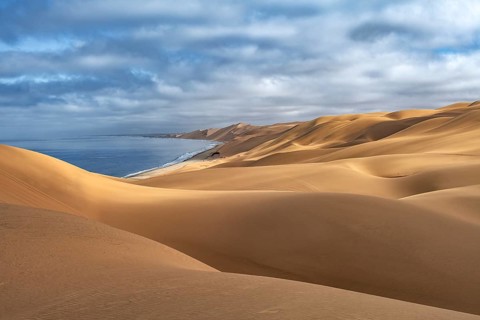 Sand dunes and sea in morning light, Atlantic coast and sandy desert with sea of dunes, Sandwich