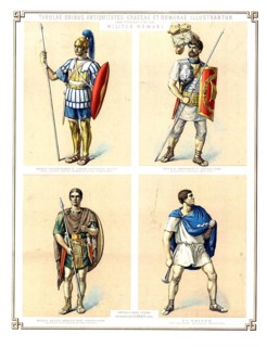 Different ranks of the Roman army: an emperor, a centurion, a signifer flag bearer and an Eques